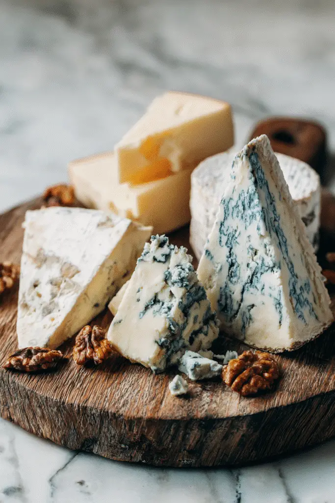 Assorted cheese board featuring different varieties for Blue Cheese vs Gorgonzola comparison with figs, walnuts, and honey.