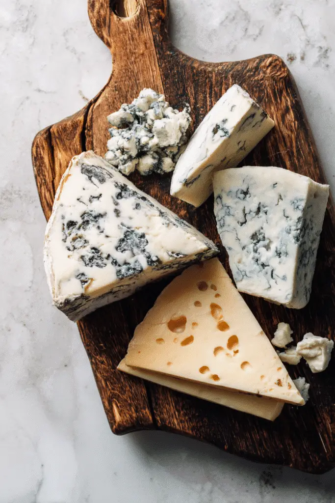 Blue Cheese vs Gorgonzola on a gourmet cheese board with figs, walnuts, and honey.