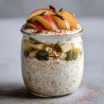 Apple Cinnamon Overnight Oats layered in a glass jar with yogurt, diced apples, oats, pumpkin seeds, and cinnamon on top.