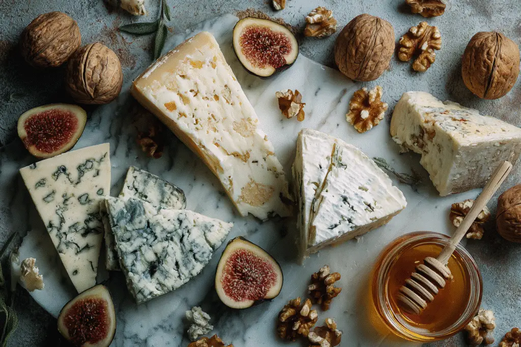 Blue Cheese vs Gorgonzola comparison on a rustic cheese board with figs, walnuts, and honey.