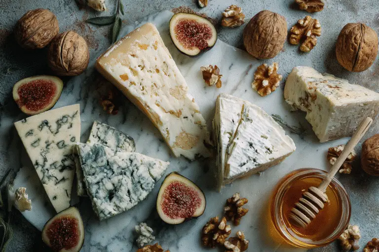 Blue Cheese vs Gorgonzola comparison on a rustic cheese board with figs, walnuts, and honey.