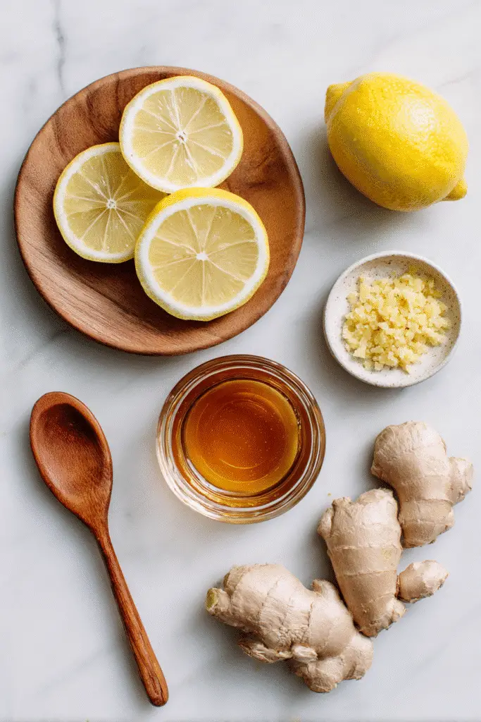 Top-down view of the 4 ingredient Mounjaro recipe showing sliced lemon, ginger root, honey in a bowl with a dipper, a glass of water, and raw sugar on a spoon.