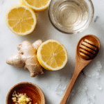Ingredients for a 4 ingredient Mounjaro recipe, including lemon halves, ginger root, honey in a bowl, and a glass of water on a marble surface.