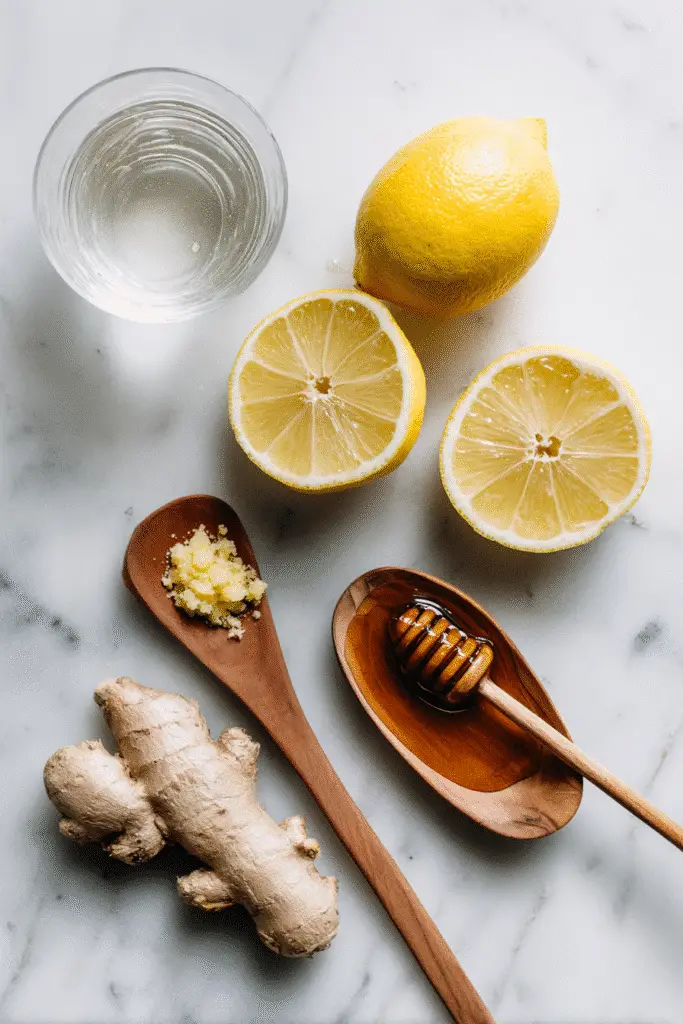 Flat lay of ingredients for a 4 ingredient Mounjaro recipe, featuring lemon halves, fresh ginger, honey, and a glass of water on a marble surface.