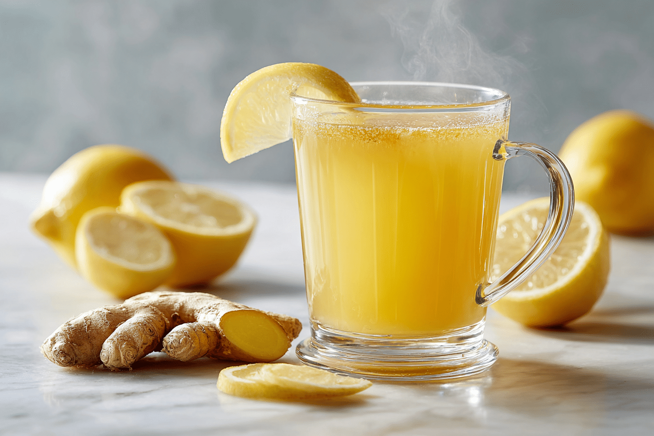 Fresh ingredients laid out for a 4 ingredient Mounjaro recipe, featuring lemon slices, ginger root, honey, and a glass of water on a clean marble surface.