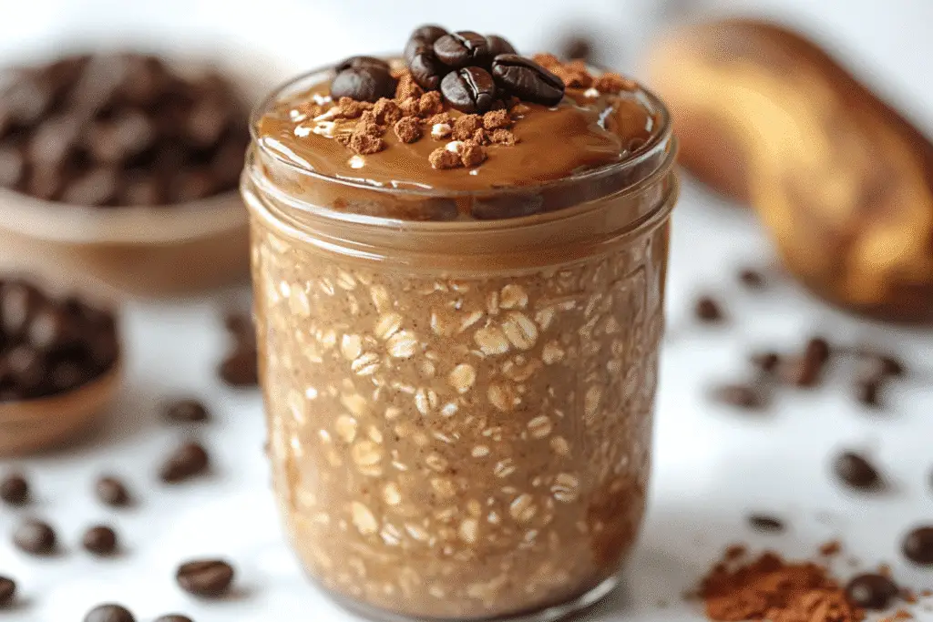 Blueberry Banana Overnight Oats served in a white bowl, topped with cocoa powder and surrounded by coffee beans on a marble surface.