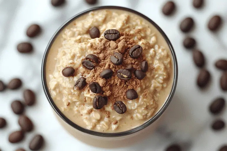 Creamy Blueberry Banana Overnight Oats in a white bowl, topped with coffee beans and cocoa powder, surrounded by scattered coffee beans.