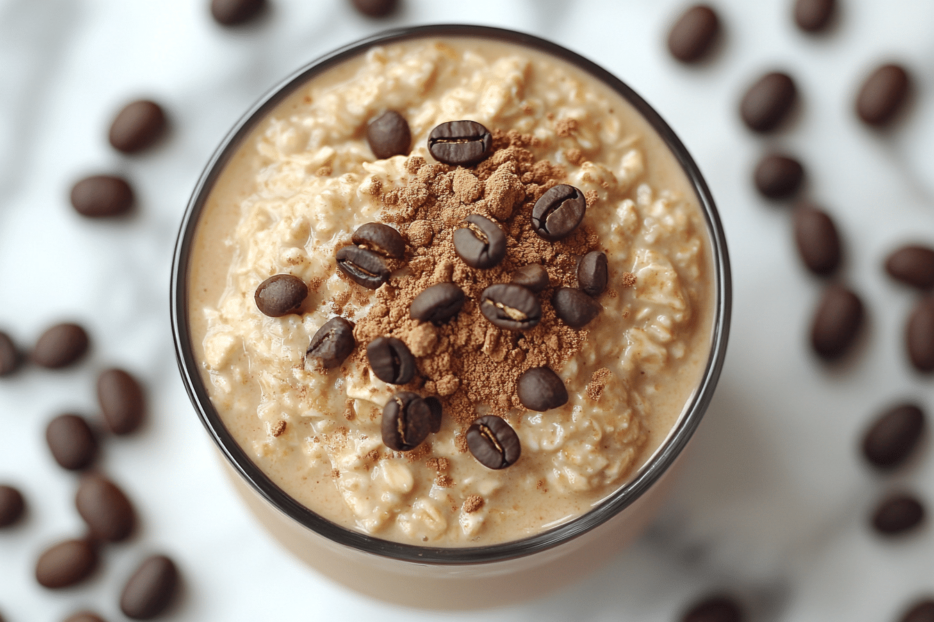 Creamy Blueberry Banana Overnight Oats in a white bowl, topped with coffee beans and cocoa powder, surrounded by scattered coffee beans.
