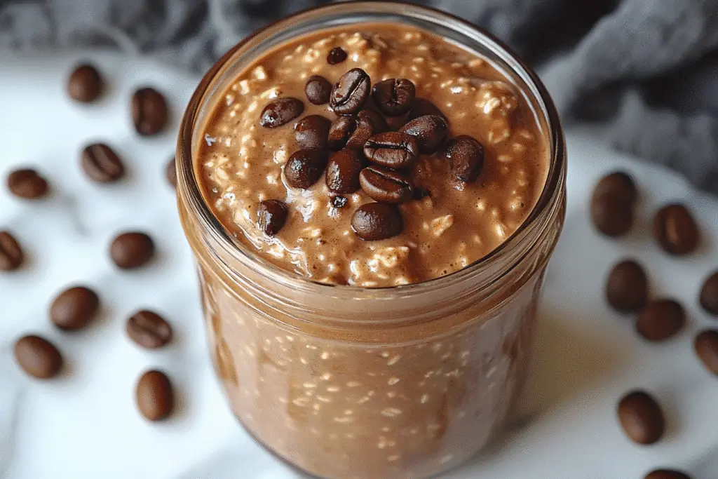 Blueberry Banana Overnight Oats in a white bowl, featuring creamy oats with a rich texture, lightly dusted with cocoa and surrounded by coffee beans.