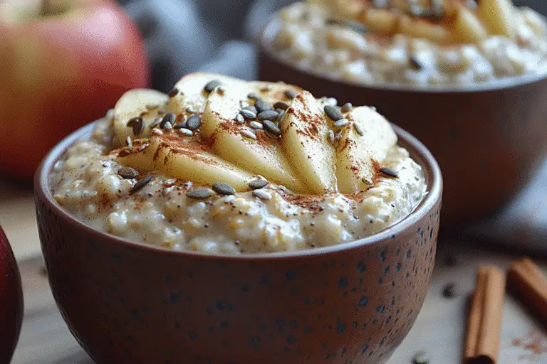 Glass jar filled with Apple Cinnamon Overnight Oats topped with sliced apples, yogurt, pumpkin seeds, and a dusting of cinnamon.