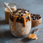 Glass jar filled with blueberry banana overnight oats topped with peanut butter, blueberries, chocolate drizzle, and coffee beans.