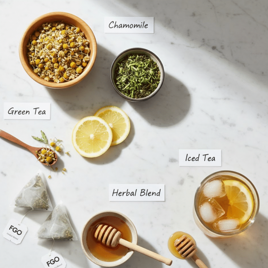 Flat lay of FGO Tea varieties including chamomile, green tea, iced tea, and herbal blend with lemon and honey on marble background