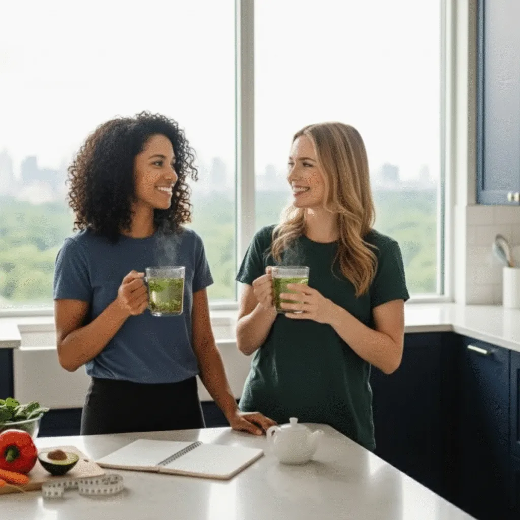 Two women smiling and holding mugs of steaming FGO Tea in a bright kitchen with fresh vegetables on counter