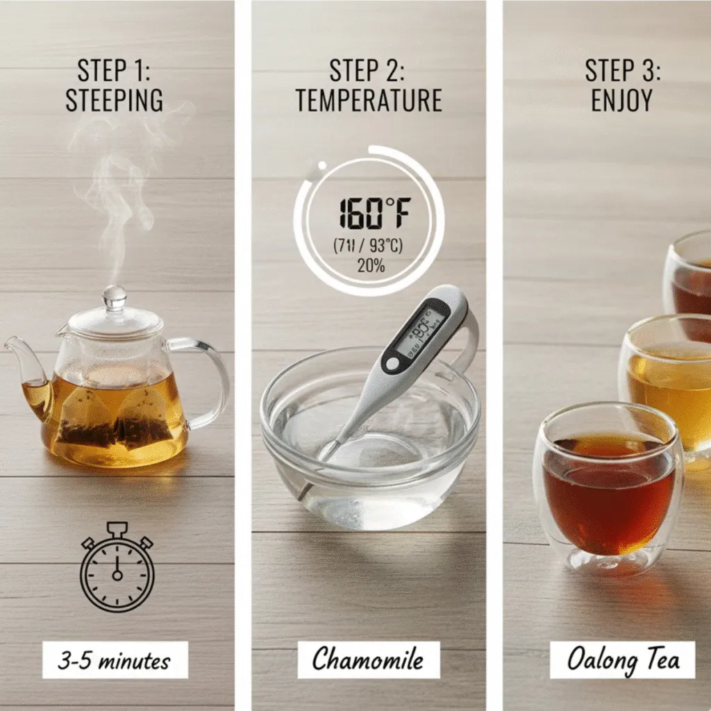 FGO Tea brewing steps showing steeping teapot, temperature guide, and chamomile and oolong tea cups on a wooden table