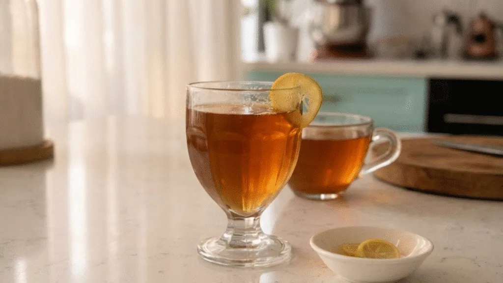 Gelatin trick recipe for weight loss - glass of homemade gelatin drink with lemon garnish on kitchen counter