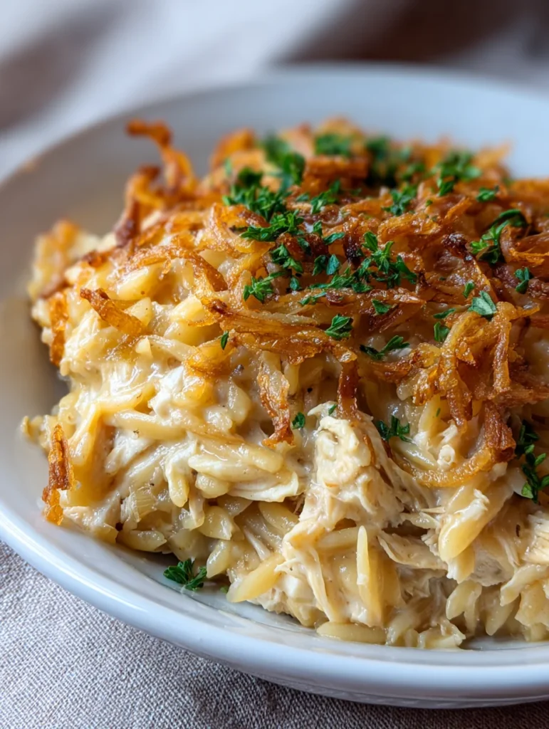 French Onion Chicken Orzo Casserole