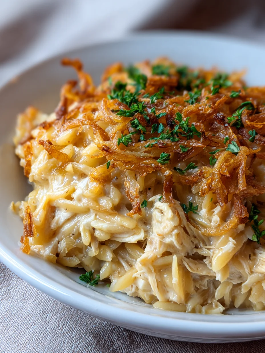 French Onion Chicken Orzo Casserole