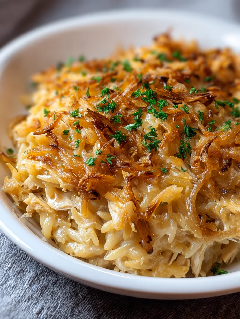 French Onion Chicken Orzo Casserole
