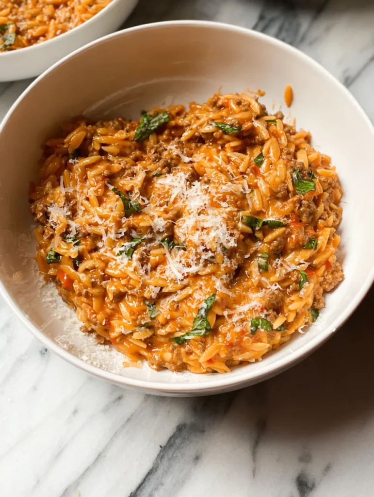 Ground Beef Orzo with Tomato Cream Sauce