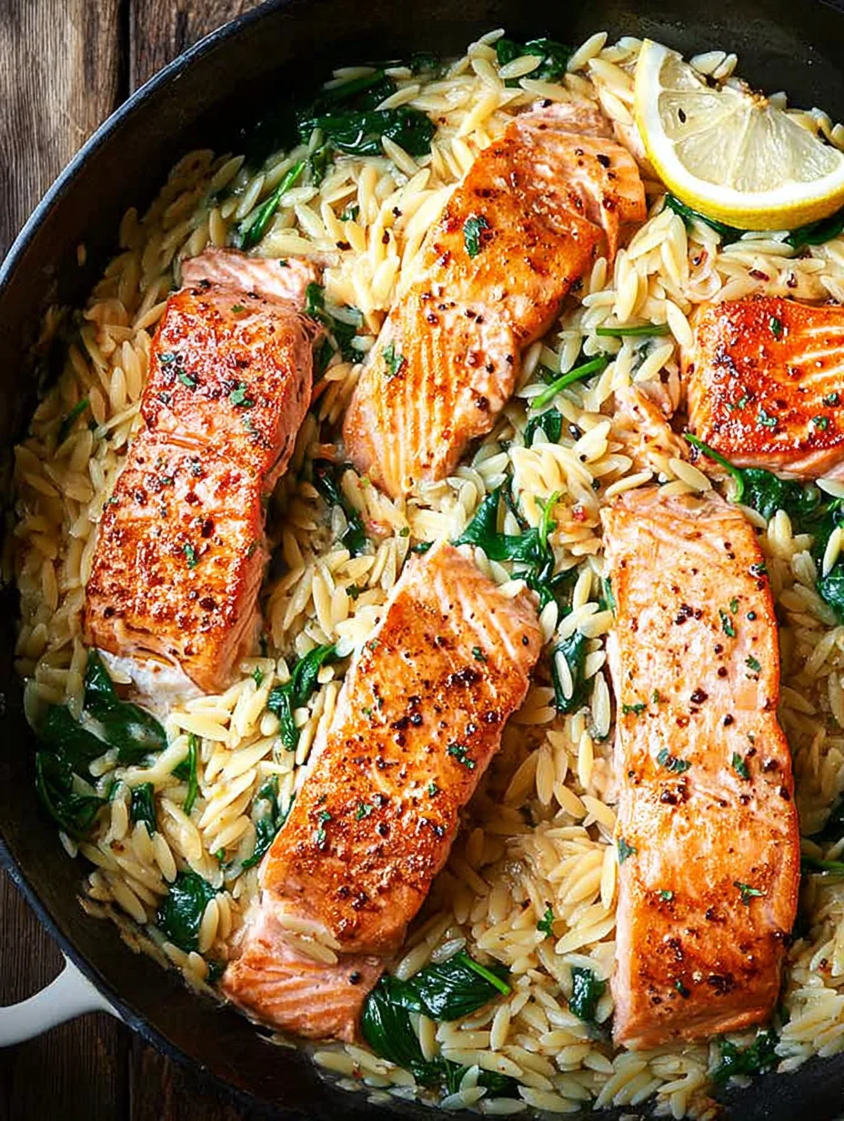 One Skillet Salmon with Lemon Orzo